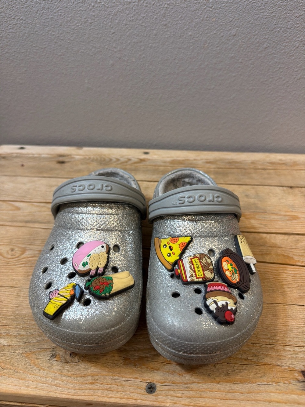 CROCS Kids Silver Glitter Clogs with Food Jibbitz